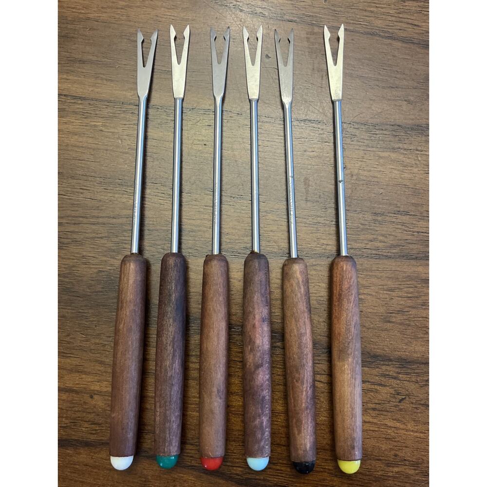 Set Of Six Wood Handle Stainless Steel Fondu Skewers Color Cap Gathering Holiday